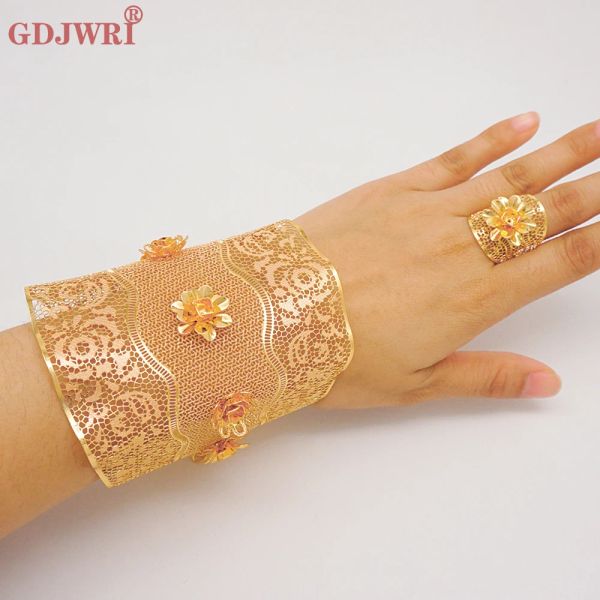 Bangles Fashion Dubai Gold Color Adjustable Chain Bangle Ring For Women Indian France Flower Bracelet Bijoux Africain Wedding Gift