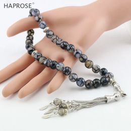 Bracelets HAPROSE 2018 nouveau bracelet en agate à rayures noires naturelles forme ronde 10mm 33 perles prière islamique musulman Tasbih agate à rayures noires