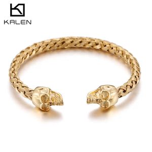 Bangles Kalen Double Skull Skull Gold Color Hip Hop Style Roestvrij staal Open Bracelet Men's Fashion Jewelry