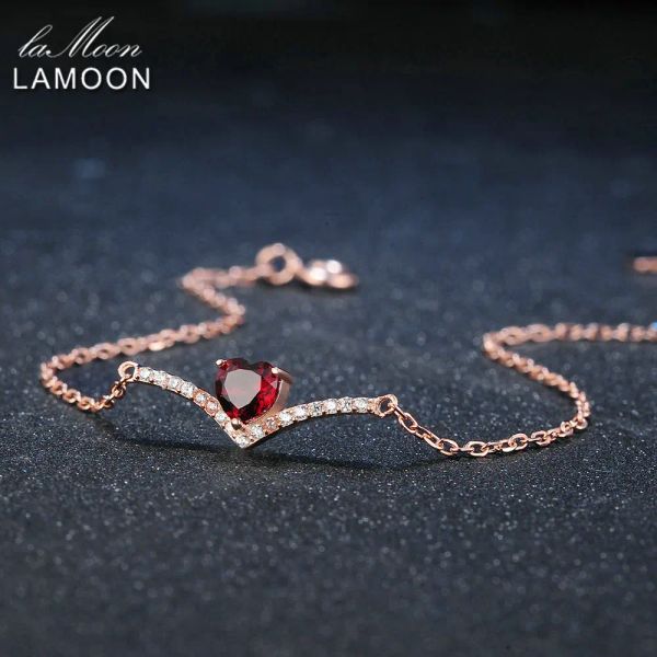 Bangles Lamoon Heart 100% Natural Gemstone Classic Red 0.3ct Garnet 925 Bijoux en argent sterling 18 kgp Bracelet de charme de chaîne S925 LMHI011