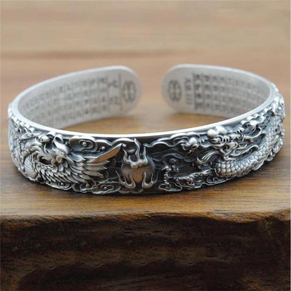 Bracelets Luxe S999 argent Dragon et Phoenix bracelets hommes coeur Sutra sculpture Vintage ouverture réglable Bracelet cadeau d'anniversaire