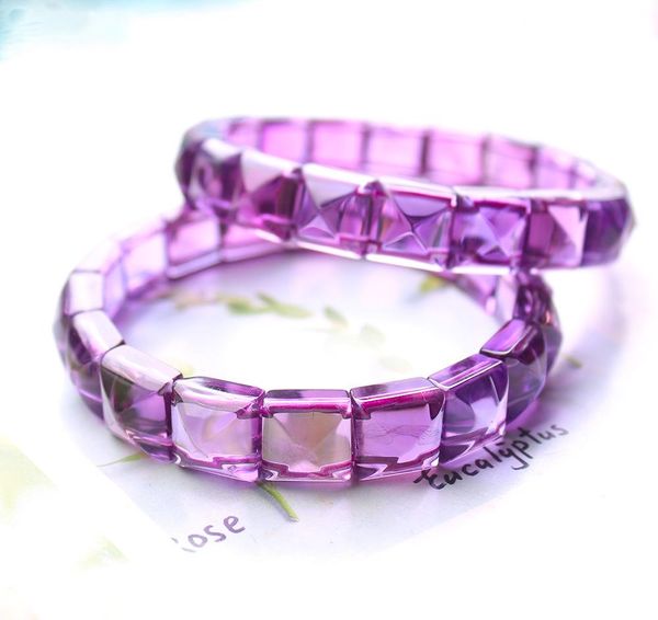 Bracelets Naturel Lavande Améthyste Quartz Bracelet 9x9mm Améthyste Clair Rectangle Coupe Perles Femmes Hommes Stretch Violet Améthyste AAAAA