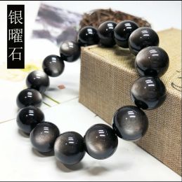 Bangles Natural Silver Obsidian armband voor mannen en dames ronde kralen kattenogen rijkdom overdracht kristalbangle grand cadeau