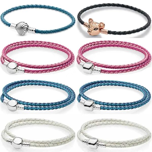 Bracelets Nouveau 925 en argent Sterling boule baril Rose lionne coquillage fermoir Double Bracelet en cuir tissé pour perle populaire charme bijoux à bricoler soi-même