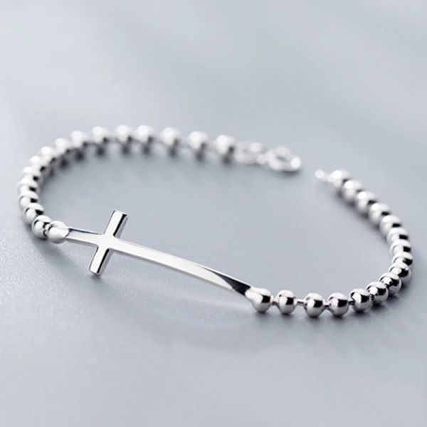 Brazaletes nueva moda Plata de Ley 925 cruz cristiana cuentas pequeñas pulseras brazalete para mujeres hombres joyería