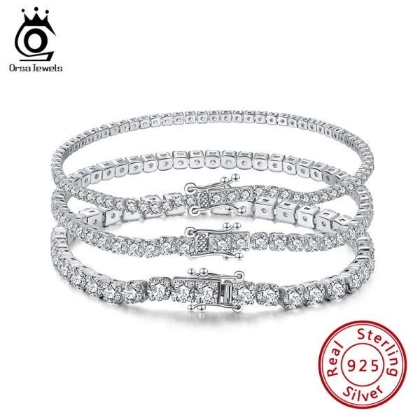 Brazaletes ORSA JEWELS Pulsera de tenis de corte redondo de 4 mm en plata de ley 925 Oro blanco Mujer Hombre Pulseras Brazalete Joyería Cadena de mano SB94