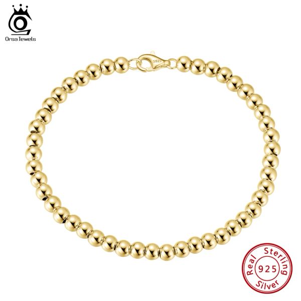 Bracelets ORSA JEWELS 925 en argent Sterling italien 4mm boule ronde perle brin Bracelet pour les femmes à la main 14K or Bracelet bijoux SB103