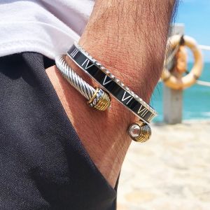 Bangles Outdoor Black Romeinse Numeral Bracelet Herenkabel Draad Rope Bracelet Roestvrij staal Men Bangles Punk Street Sieraden Accessoires