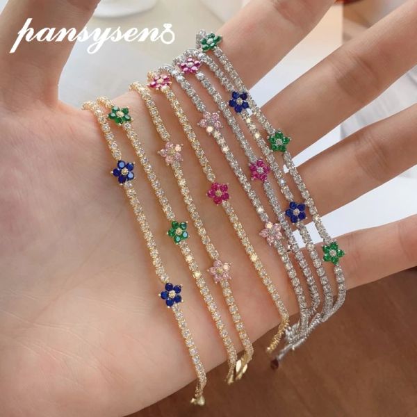 Brazaletes PANSYSEN Romántico 925 Flor de plata esterlina Zafiro Esmeralda Simulado Moissanite Pulsera de diamantes para mujeres Fiesta Joyería fina