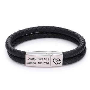 Brazaletes Pulsera personalizada para hombres Nombre personalizado Fecha Pulseras de cuero negro Pulsera con hebilla magnética de acero inoxidable Regalo de joyería