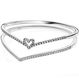Bangels echte sprankelende hart wishbone glinsterende wensbangle 925 sterling zilveren armband fit originele Europa Bead Charm Diy sieraden