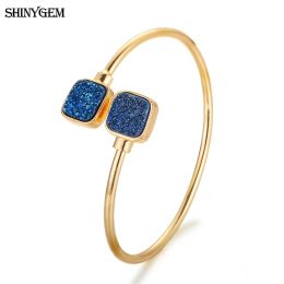 Barmels ShinyGem Nieuwe trendy sprankelende druzy armbanden voor vrouwen goudplaten open manchet vierkant kleurrijke natuursteen kristalbangle