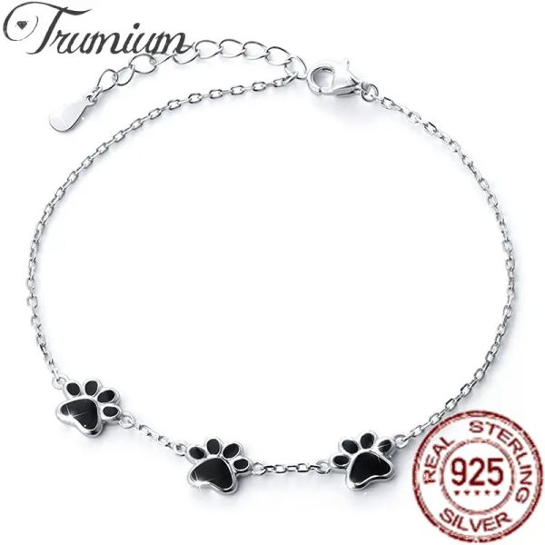 Bracelets Trumium Véritable Argent Sterling 925 Pet Dog Paw Empreintes Bracelet Patte De Chat Chaîne Réglable Bracelets pour Femmes Cadeau D'anniversaire