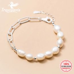 Bangles Trustdavis Luxury 925 STERLING Silver Sweet Asymétrical Personality Baroque Pearl Bracelet for Women Fine S925 Jewelry DA1775