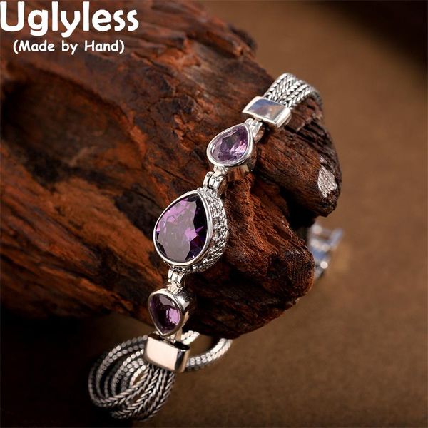 Brazaletes Uglyless Exotic Gota de agua Cristales púrpuras Mujeres Sterling Multi Cadenas Pulseras Retro Thai Sier Joyería