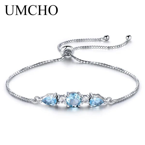 Brazaletes umcho sólido 925 pulseras de plata esterlina brazaletes para mujeres topacio azul natural pulsador de tenis ajustable joyería fina