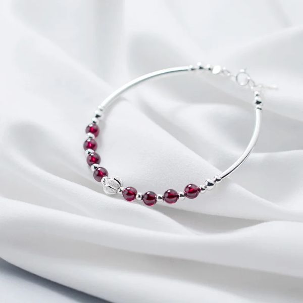 Bangles Wine Red Natural Garnet Beads Sterling Sier Strand Pulseras para niñas Pulseras para mujeres Accesorios de joyería fina YBR209