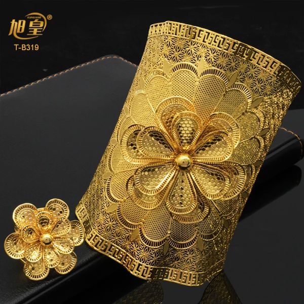 Brazaletes XUHUANG Indio Chapado En Oro De 24 Quilates Forma De Flor Brazaletes Grandes Con Anillo Pulsera De Fiesta De Banquete De Boda Africana Brazaletes Regalos De Joyería