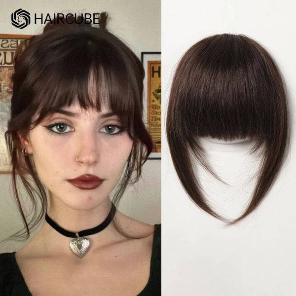 Bangs 100% Human Human Bangs Natural Dark Brown French Bangs Clip Clip Toile en franges Bang avec Temples Poix de cheveux pour femmes Clip sur Air Bang