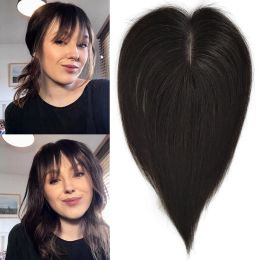 Frange 5x8 CM Base de peau de soie vierge européenne frange de cheveux humains 4D frange cheveux Topper avec frange pour les femmes 20 CM cuir chevelu haut toupet noir