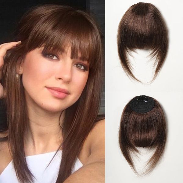 Frange Brown Human Hair Bangs for Women Clip on French Bangs Extensions Hair for Daily Wear 100% Human Blunt Cut Wispy Bangs Hair Posice
