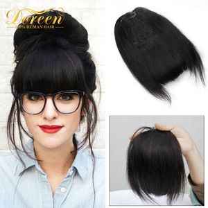 Pony Doreen 9 inch Human Hair Pony Clips In Real Natural Fringe Hairpieces Machine Made Remy 3 Clips BOLT BANGS NATUURLIJK BLACK 230403