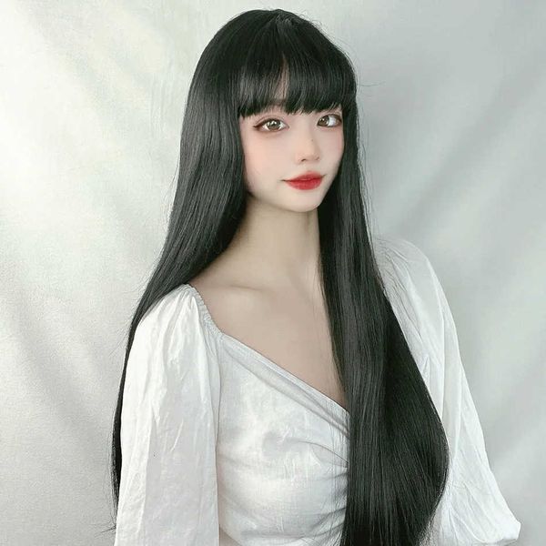 Bangs Hair Wig Long Women Air Middle Black Lolita Straightoon Cartoon Daily Natural Full Head Style