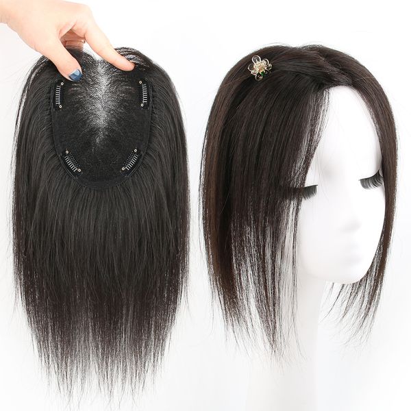 Flequillo hecho a mano cabello humano Toppers Clip en piezas de flecos cubierta recta pérdida blanca para mujeres Remy negro brasileño 230214