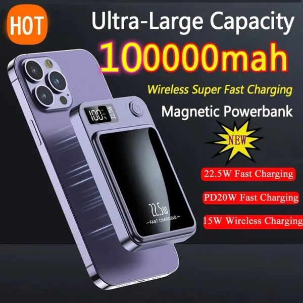 Bank 100000MAH 22.5W PowerBank inalámbrico Super rápido carga Magnetic Qi Magsafe Charger Power Bank para iPhone 15 14 13 Samsung Xiaomi