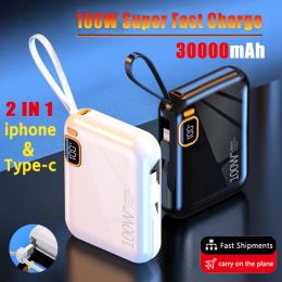 Banque 30000mAh Banque d'alimentation portable PD100W USB détachable vers C Cable Twoway Fast Charger Mini Powerbank pour iPhone Xiaomi Samsung