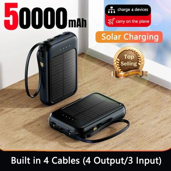 Banque de banque solaire de 50000 mAh Lumière mince est livrée avec une batterie externe Fourwire Banque d'alimentation quotidienne portable pour Samsung Apple Xiaomi