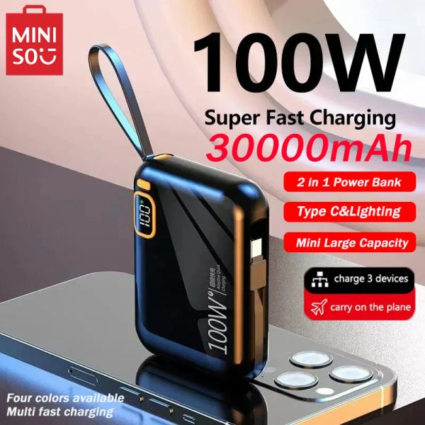 Bank Miniso Portable Power Bank PD100W 30000mAh USB détachable pour le câble de type C Twoway Fast Charger Mini Powerbank Livraison gratuite