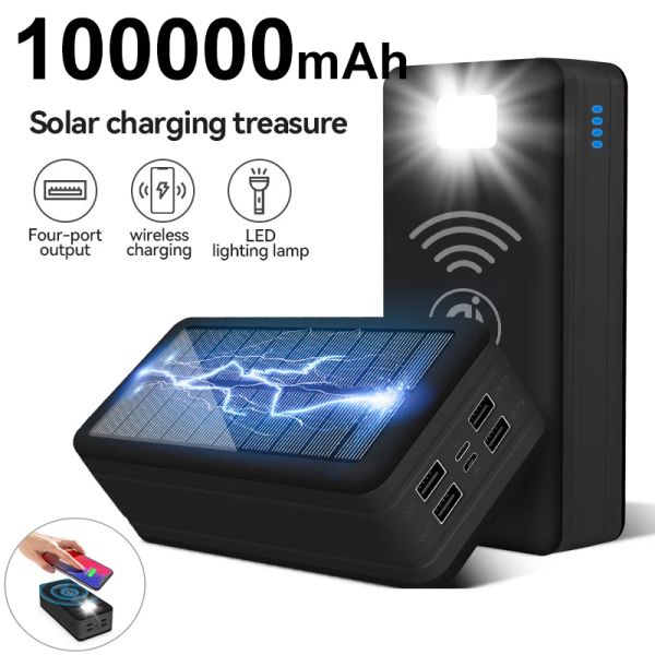 Banks 100000MAH Power Bank Magnetic Wireless Super Fast Charge 2.1A Solar Carging 4USB PowerBank para Xiaomi iPhone15 Portable Batería