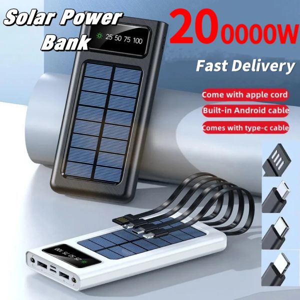 Banks 200000mAh Banque solaire Banque solaire Built Cables Chargeur solaire 2 ports USB Charger externe avec lumière LED pour Xiaomi iPhone 2023 Nouveau