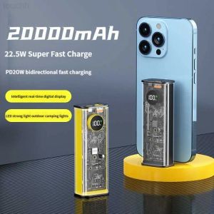 Banks Transparant Portable Power Bank: 20000MAH PD 20W MINI Externe batterij met LED -licht voor iPhone 14, Samsung, Xiaomi