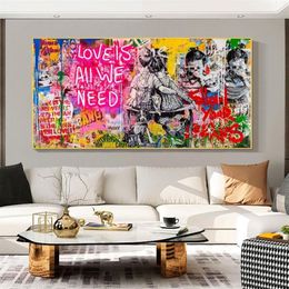 Banksy Art Love Is All We Need pinturas al óleo sobre lienzo Graffiti Wall Street Art carteles e impresiones cuadro decorativo decoración del hogar 300M