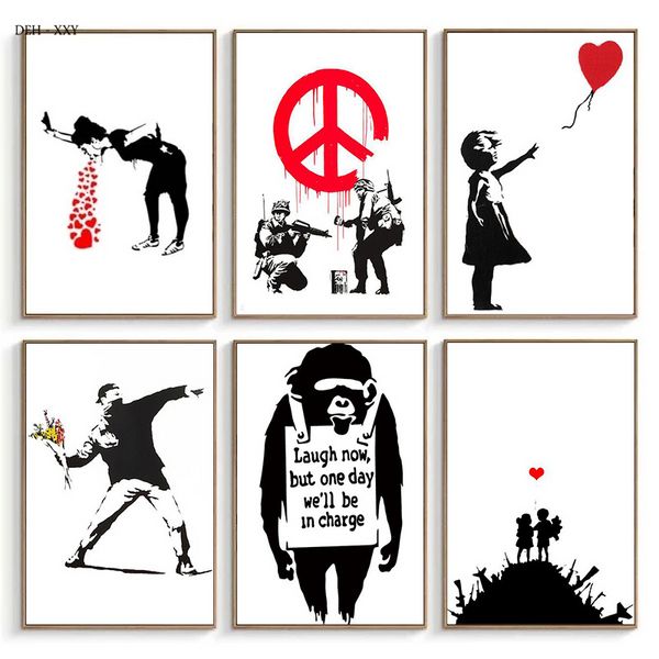 Banksy Oeuf Toile peintures Paix et amour Affiches sur le thème des images blanches noires pour la décoration de salon à domicile moderne sans cadre