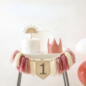 Banner Vlaggen 1 Set Baby Shower Jongen Blauw Houten Kinderstoel Guirlande Kit Meisje Eerste Roze Feest Hoed Set Verjaardag Stage Property 230731