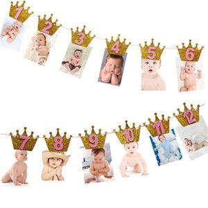 Banner Flags 12 meses Po Frame Banner First Happy Birthday Party Decoraciones Niños 1st Baby Boy Girl 1 Un año Suministros de cumpleaños 230331