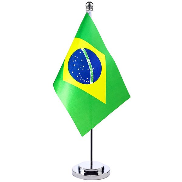 Banderas de pancarta 14x21 cm Mini bandera de Brasil Reunión Mesa de juntas Soporte de escritorio Poste de acero inoxidable El diseño nacional brasileño 230729