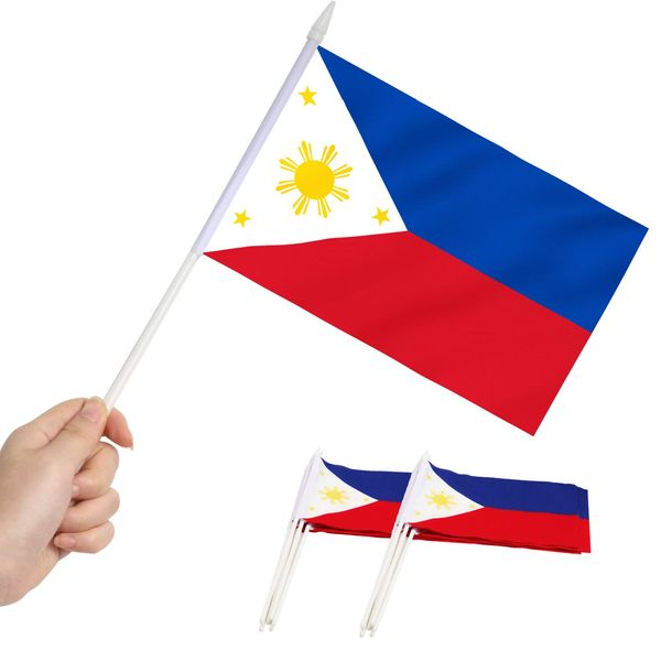 Banderas de pancarta Anley Filipinas Mini bandera de mano Pequeña miniatura filipina en palo Colores vivos resistentes a la decoloración 5x8 pulgadas con Soli amghf