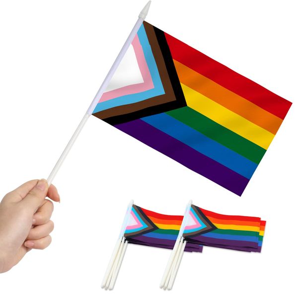 Banner Flags Anley Progress Rainbow Pride Mini drapeau à main petit transgenre miniature sur bâton résistant à la décoloration couleurs vives 12,7 x 20,3 cm amIBI