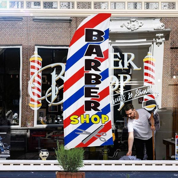 Banner Flags Barber Shop Flag Sign Adveritsing Feather-Bandera Kit Set Bienvenido Venta abierta Coche Restaurante Custom Swooper Flagpole 230414