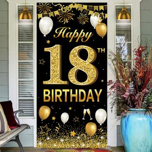 Banner Flags Black Gold 18th 21st 30 40 50 60th Birthday Banner Gold Ballon Number Telón de fondo Colgantes Adultos Happy Birthday Party Decor Baloon 230731