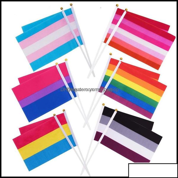 Banner Banderas Suministros festivos para fiestas Hogar Jardín 14X21Cm Rainbow Gay Pride Stick Pequeño Mini Decoraciones Lgbt de mano 5X Otyek