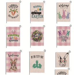 Banderas de banner Happy Easter Bunny Garden Flag Tamaño doble 12.5 x 18 pulgadas Spring Rabbit House Yard Decoración al aire libre Arpillera Drop Deli Dhduv