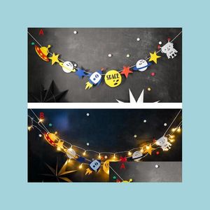 Bannervlaggen Led Robot Party Personaliseerde Space Birthday Birthday Rocket Ship Garland Bunting With Lights Kids Park Club Tent Decor Gift DH9AM