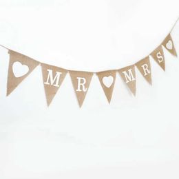 Banner Flags Mr Mme Love Heart Vintage Wedding Banner Jute Bunting Photo accessoires Mariage Rustic Garland Flag Party Decoration de mariage 5BB5801