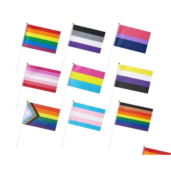 Banderas de banner Rainbow Gay Mini Hand Held Stick Flag Festival Fiesta Desfiles Decoraciones Entrega de gotas Home Garden Suministros festivos Dhy4Z