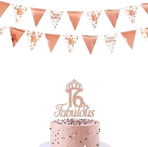 Banner Flags Rose Gold 16th Joyeux anniversaire Banner Bunting Triangle Flag Pennant Garland pour 16e anniversaire Décorations suspendues Sweet 16 Decor